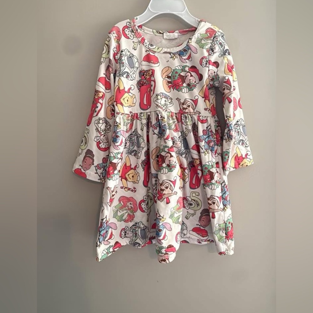 Girls White Holiday Character Print Long Sleeve Dress
